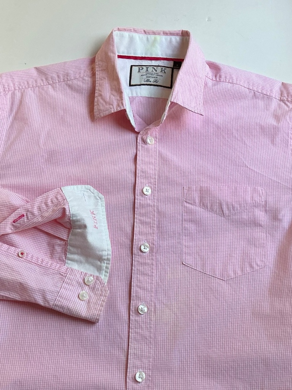 Thomas Pink slim fit lovely mini soft pink checkered cotton shirt Sz S